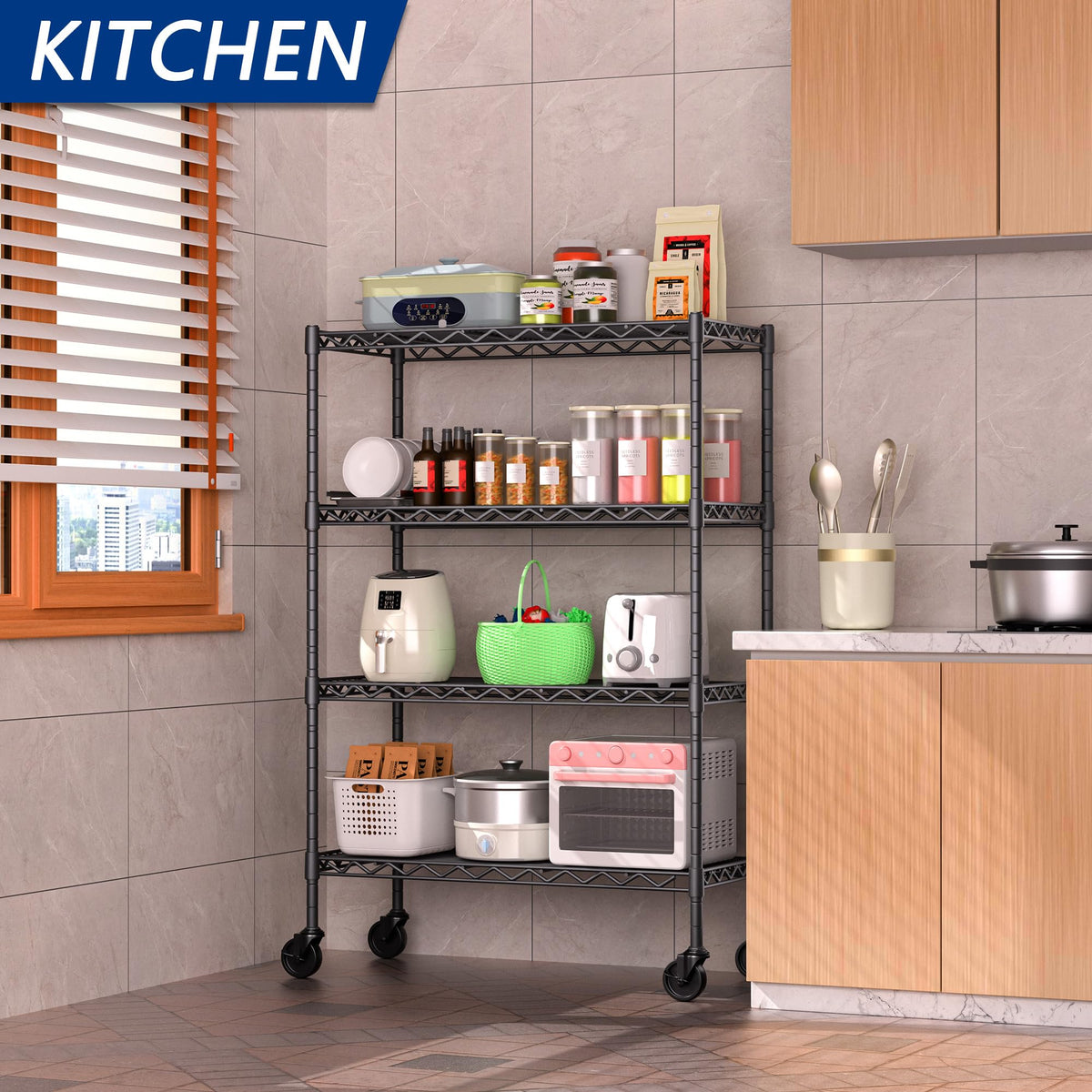 4-Shelf Adjustable Metal Storage Shelving Unit on Wheels, Black E525834