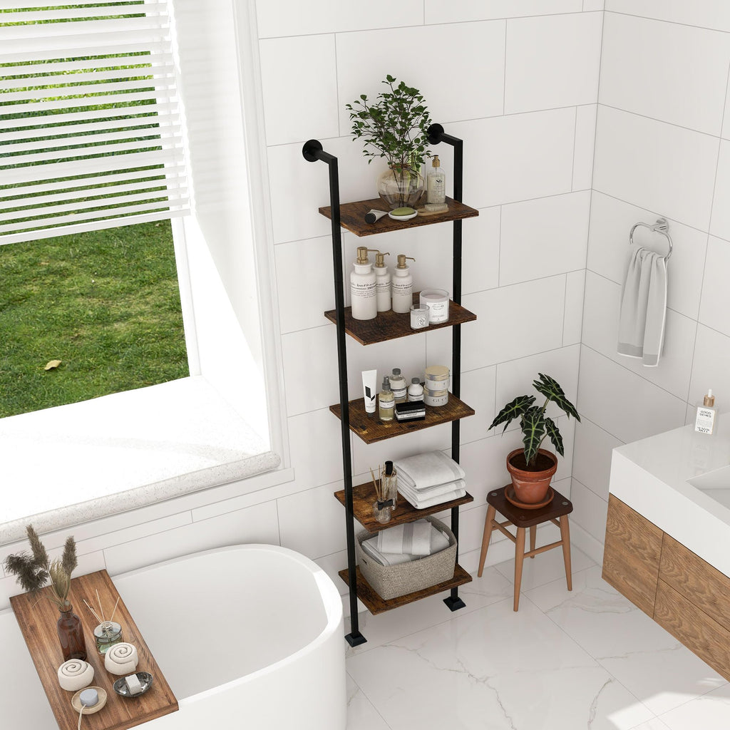 5-Tier Ladder Shelf Black Metal Frame Rustic Brown Q764450