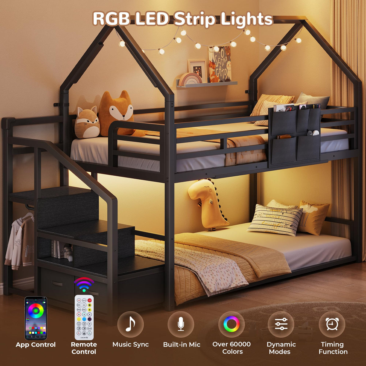 Black Twin Over Twin Metal Bunk Bed with Storage Staircase P6531
