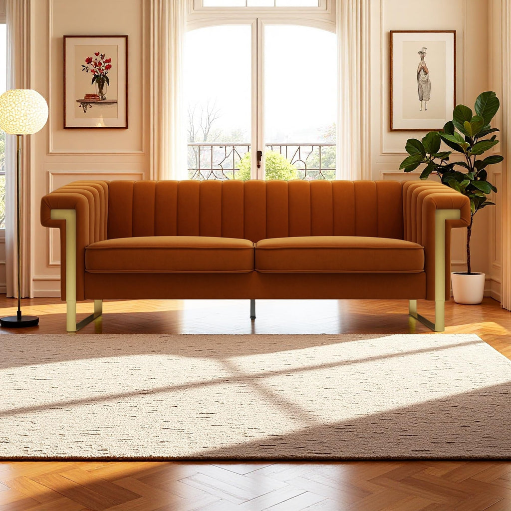 Orange Velvet 3-Seater Sofa with Armrest Y609