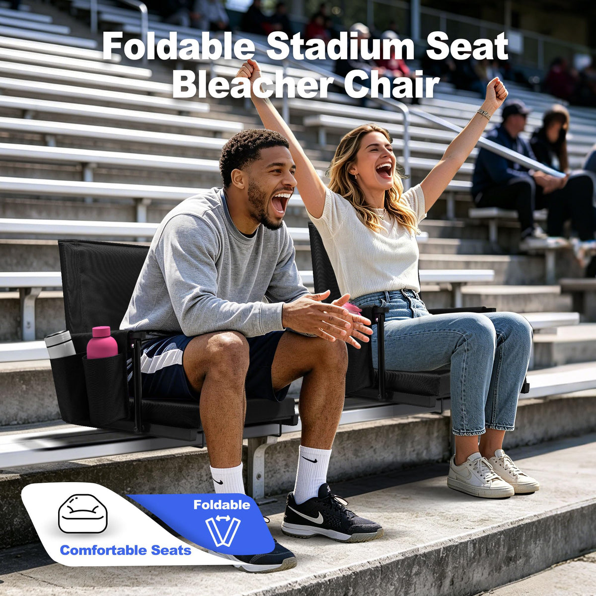 2 Packs Foldable Stadium Seats with Adjustable Backrest and Cup Holders Black F661796