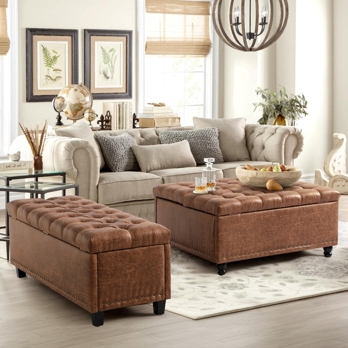 51" Brown Button-Tufted Storage Bench V933068