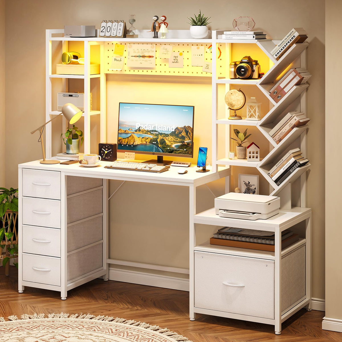 61.4" Computer Desk with Bookshelf, 5 Drawers, Hutch, Outlet, LED B1579