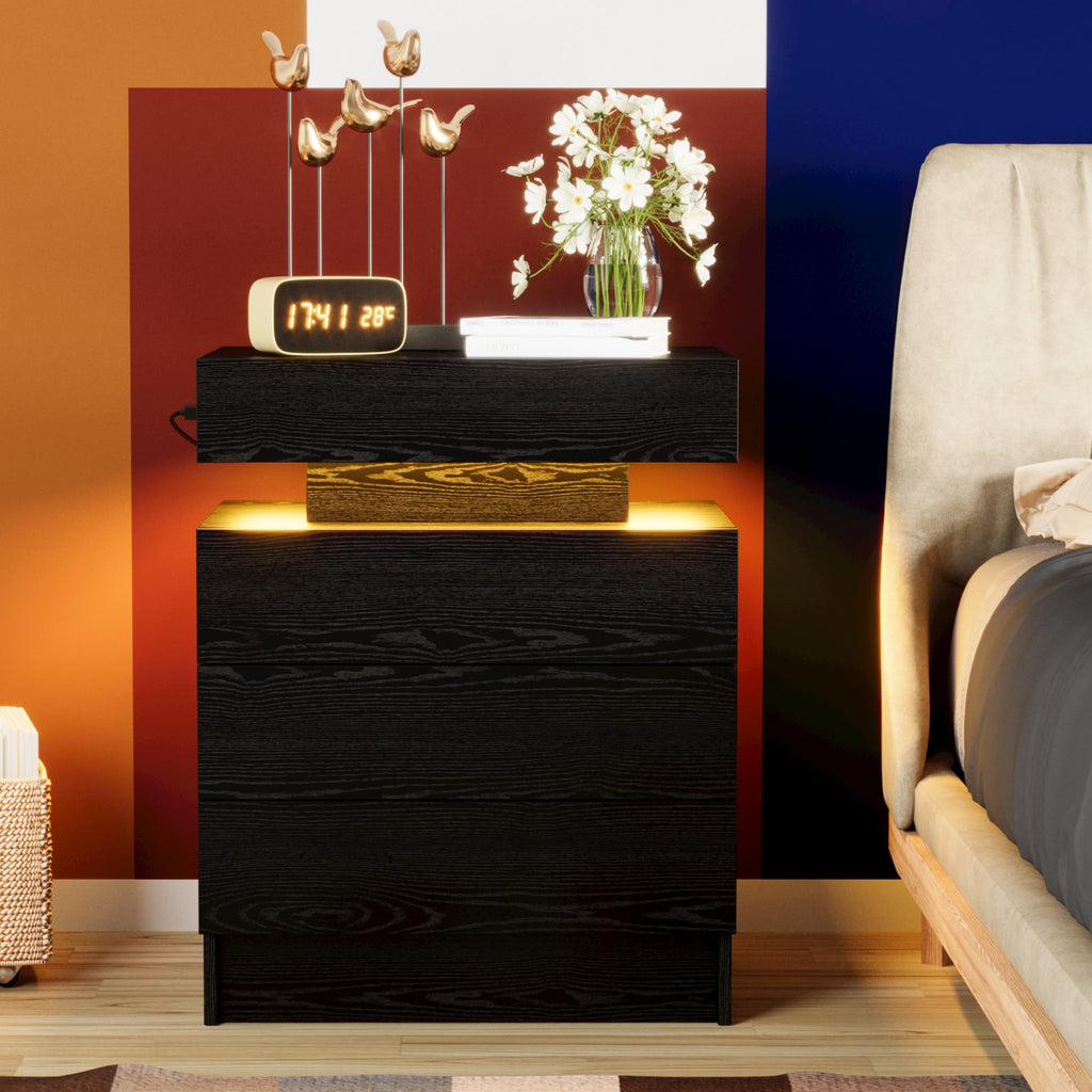 Black 3 Drawer Nightstand with Charging Station Z947