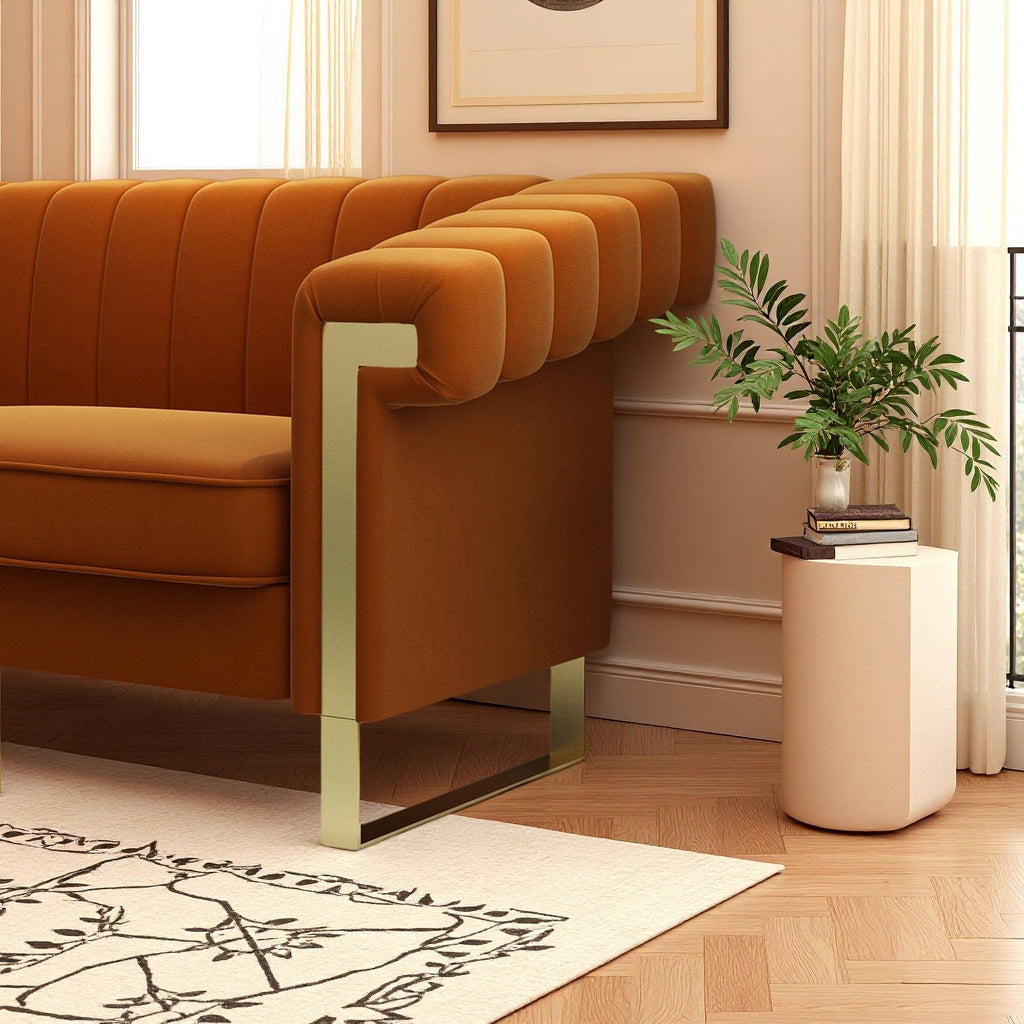 Orange Velvet 3-Seater Sofa with Armrest Y609