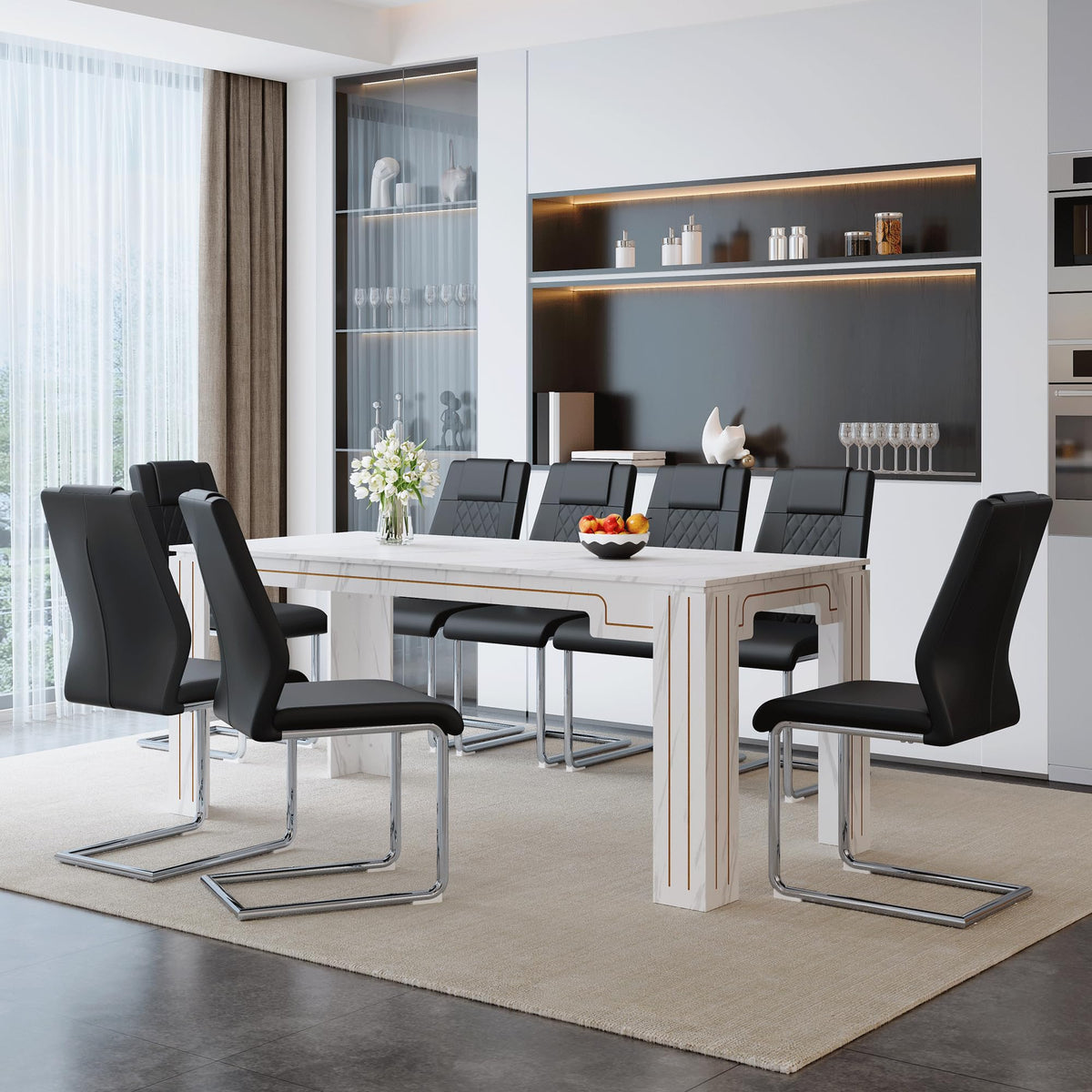 9-Piece Walnut Wood Grain Dining Table Set with 8 Black PU Leather Chairs B45365