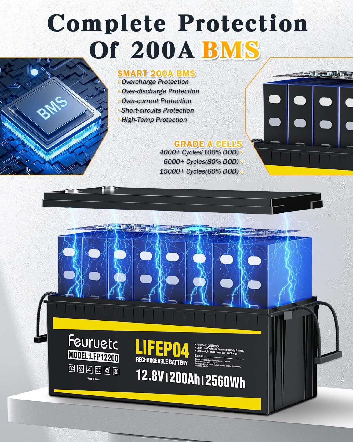 12V 200Ah LiFePO4 Deep Cycle Lithium Battery with 200A BMS A49099