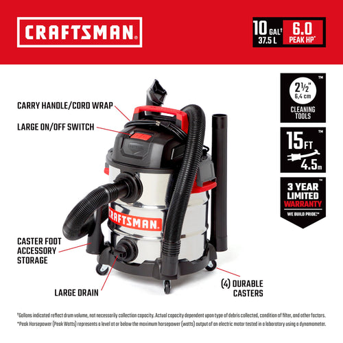 10 Gallon 6.0 Peak HP Stainless Steel Vacuum W436