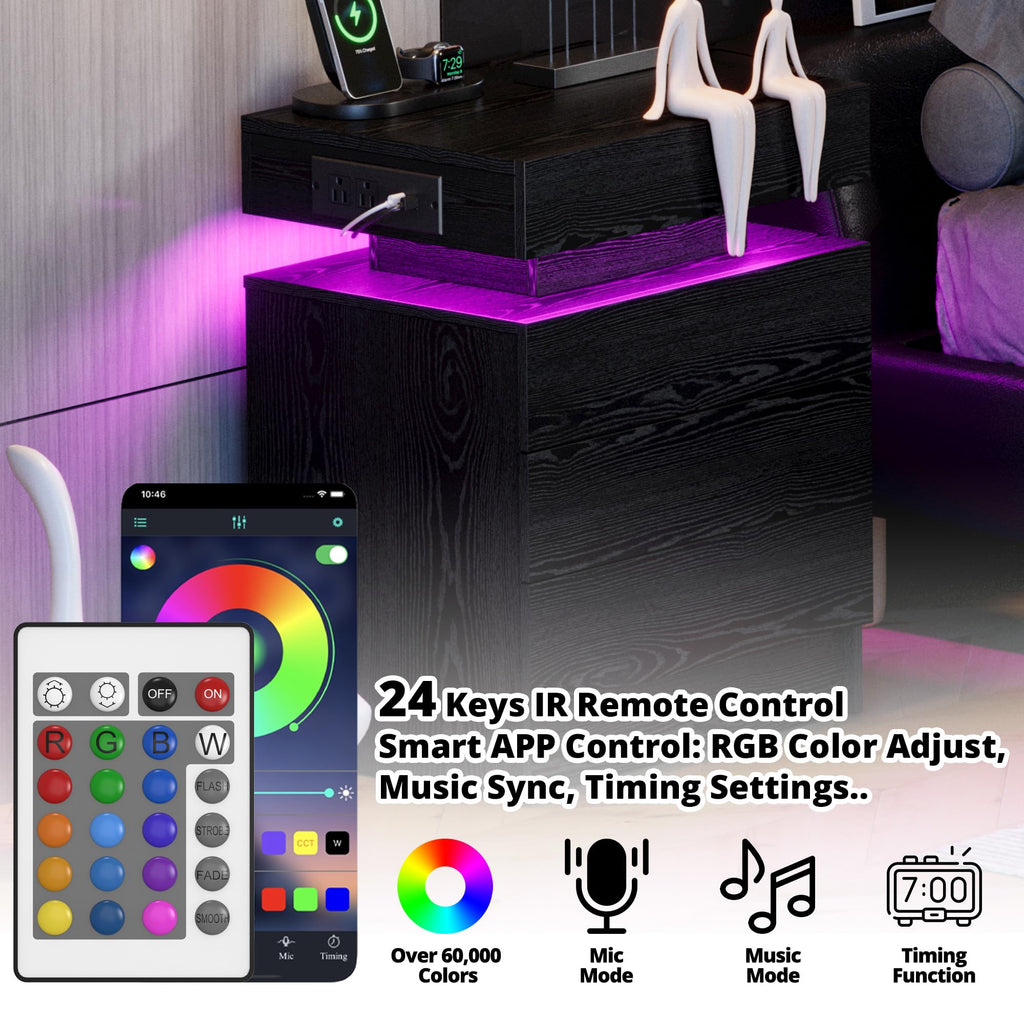 Black 3 Drawer Nightstand with Charging Station Z947