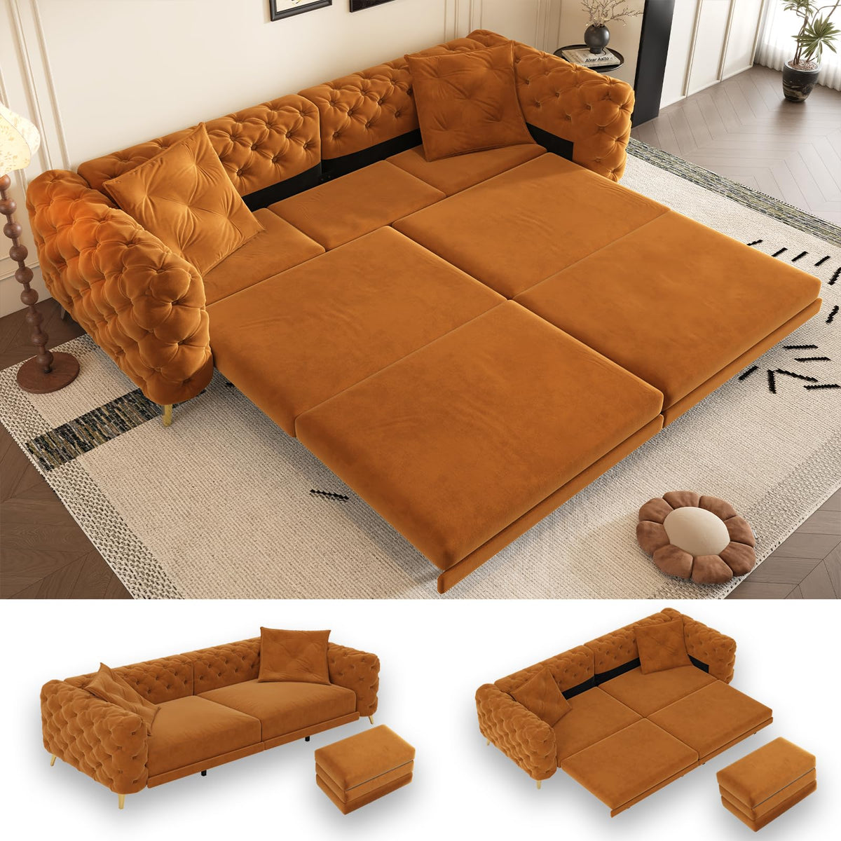 Orange Velvet 3 in 1 Convertible Sleeper Sofa J5754