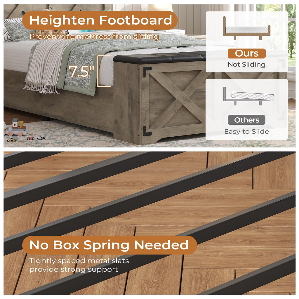 Oak Gray Wood Twin Size Bed Frame with Storage Headboard and Charging Station O421944
