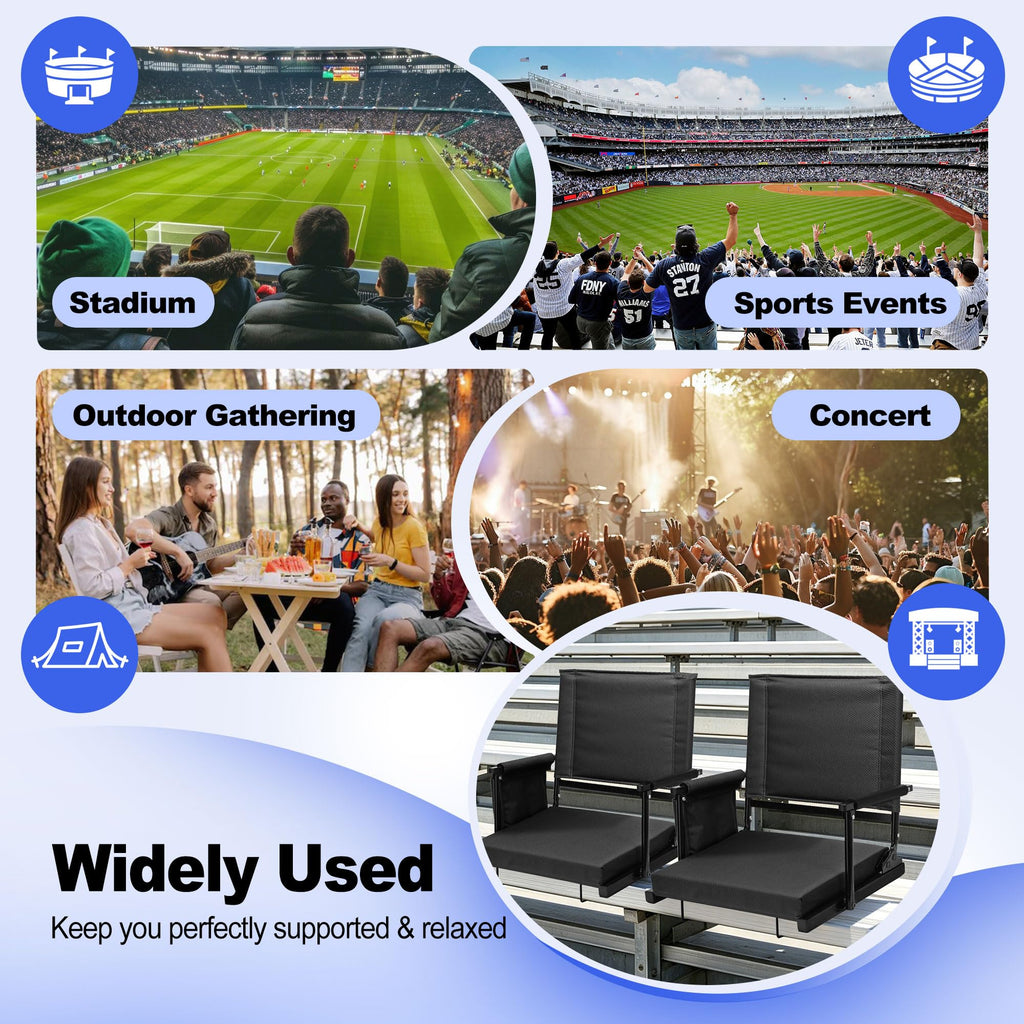 2 Packs Foldable Stadium Seats with Adjustable Backrest and Cup Holders Black F661796