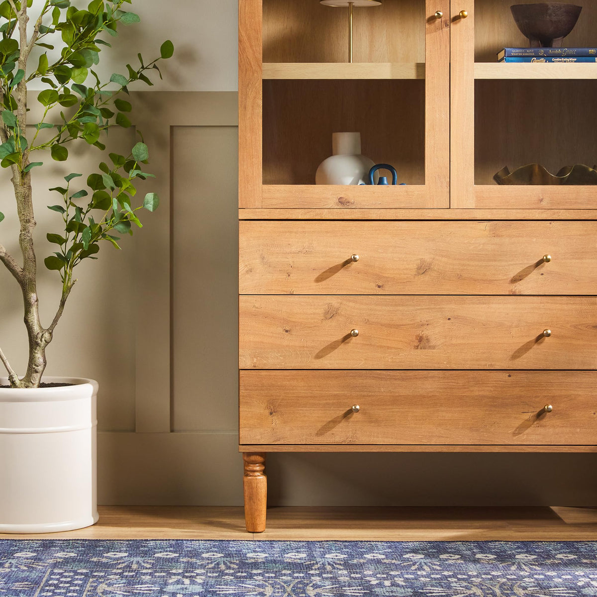 74 Inch English Oak Bookshelf Cabinet with Glass Doors O268122