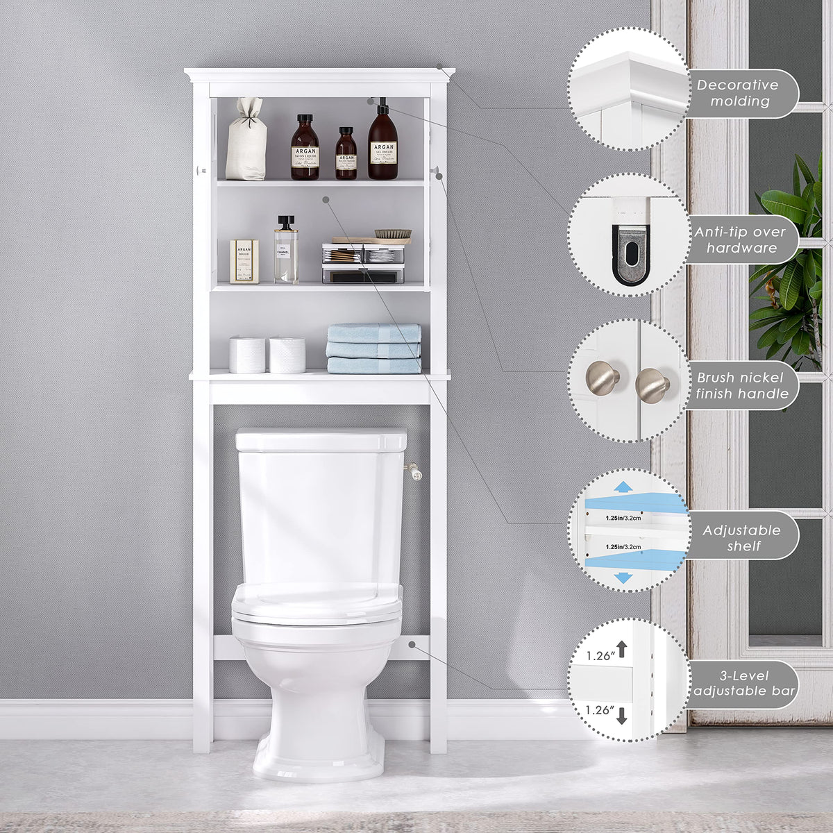Over the Toilet Storage Cabinet with Doors and Adjustable Shelf I618944