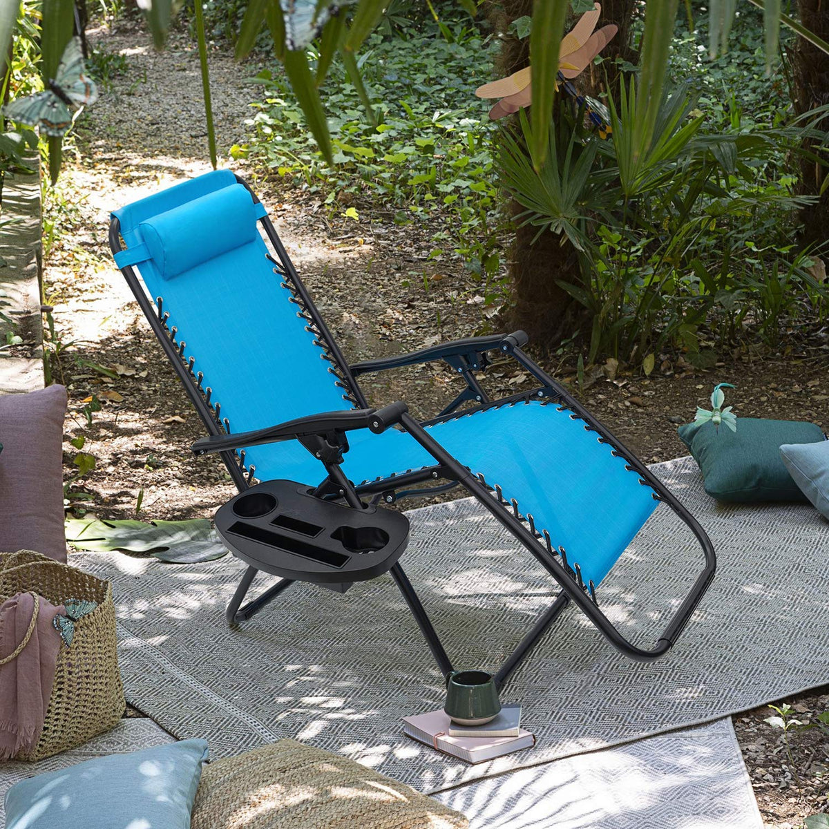 Blue Set of 2 Adjustable Folding Lounge Chair with Pillows and Cup Holders O3092