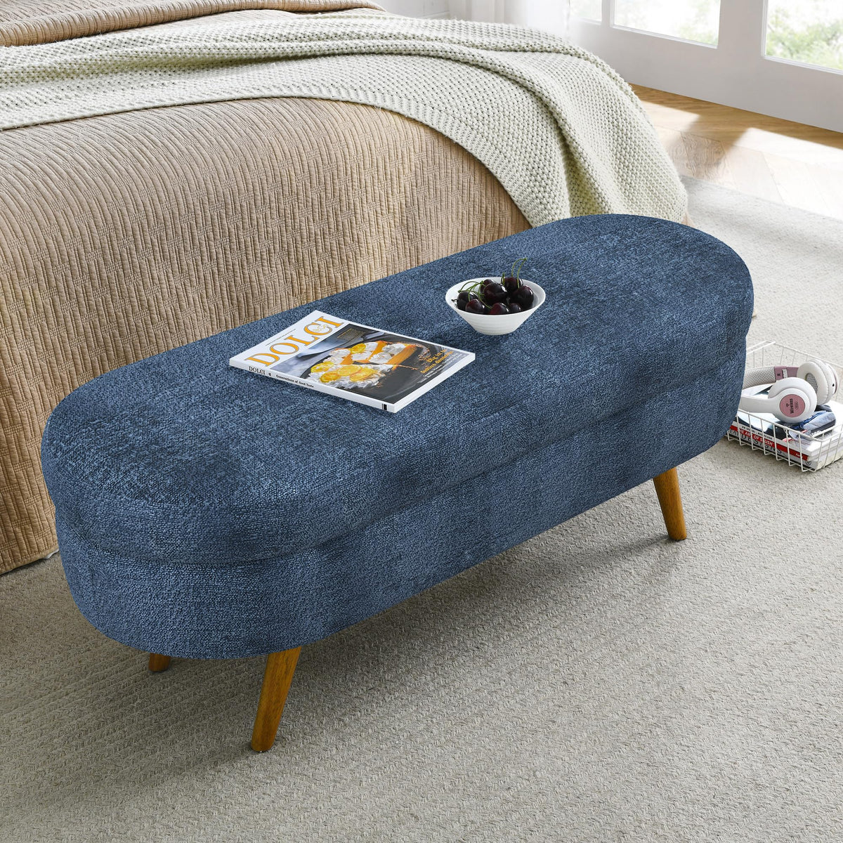 Dark Blue Upholstered Storage Bench with Rubber Wood Legs M98152