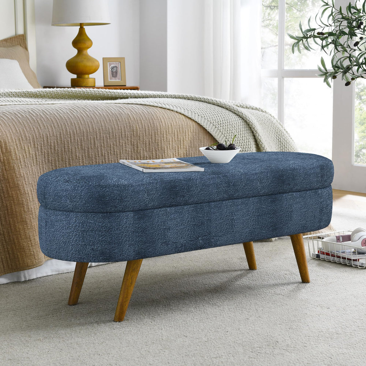 Dark Blue Upholstered Storage Bench with Rubber Wood Legs M98152