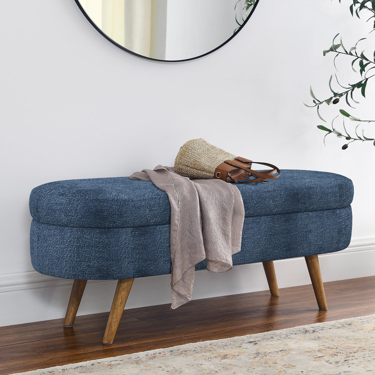 Dark Blue Upholstered Storage Bench with Rubber Wood Legs M98152