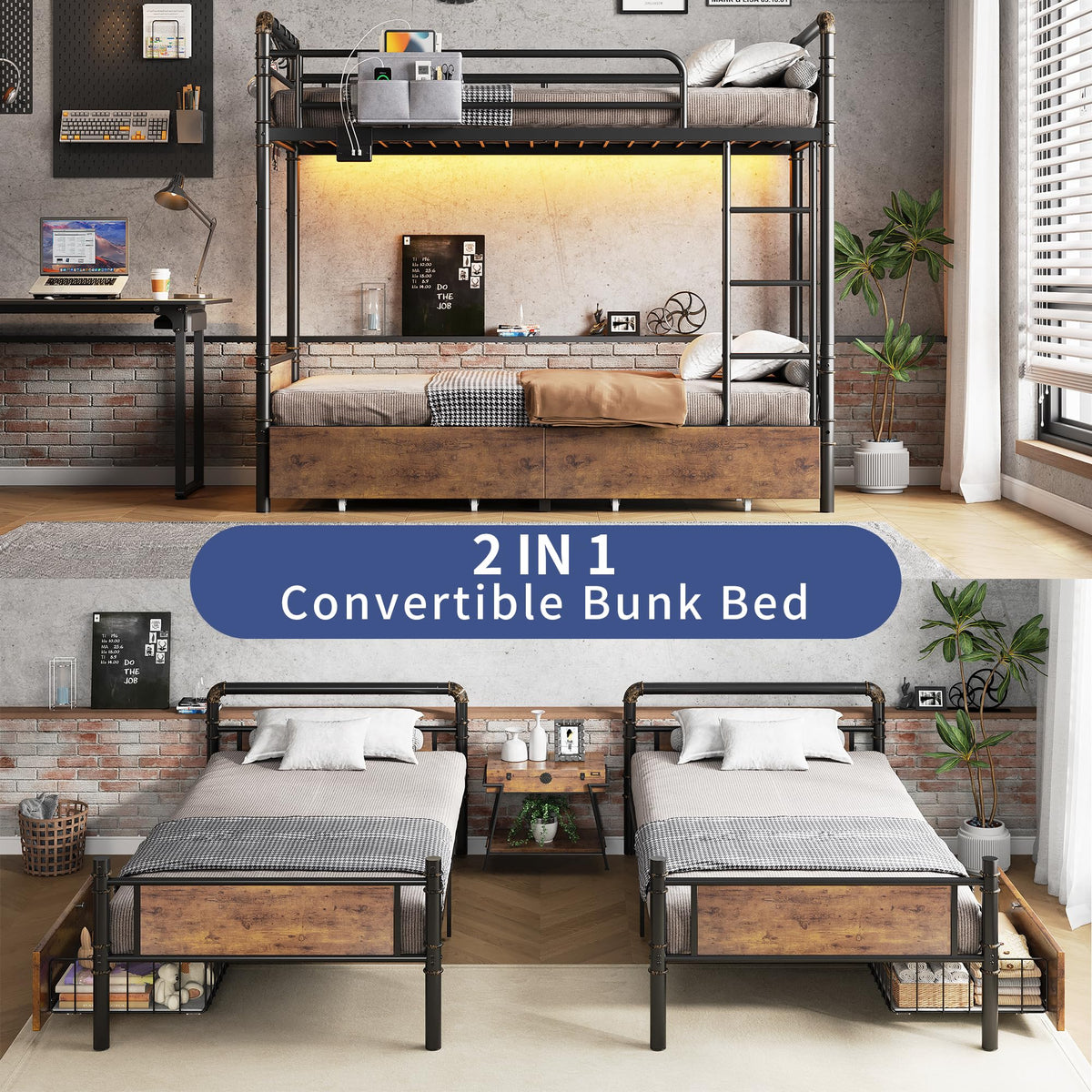 Metal LED Bunk Bed Twin Over Twin with 2 Storage Drawers O8181
