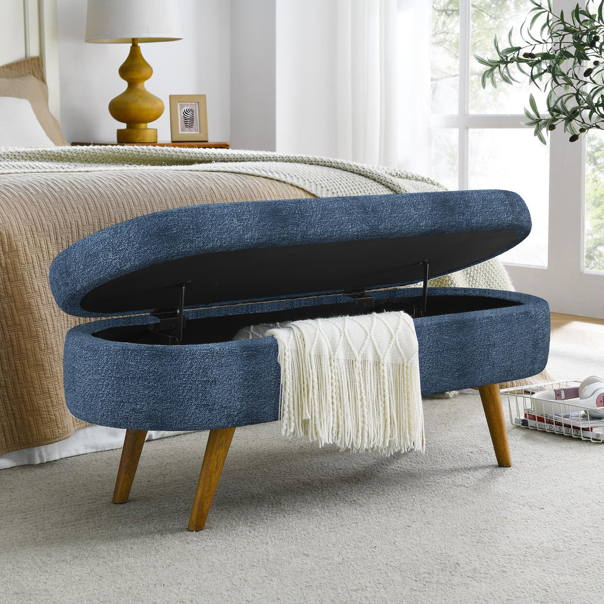 Dark Blue Upholstered Storage Bench with Rubber Wood Legs M98152