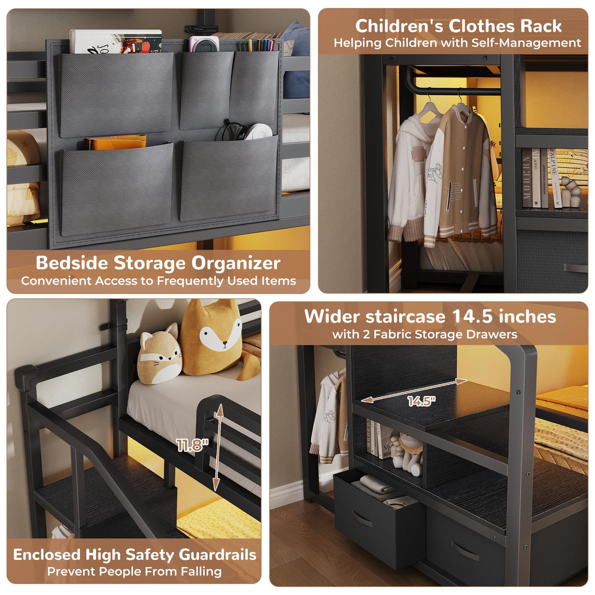 Black Twin Over Twin Metal Bunk Bed with Storage Staircase P6531