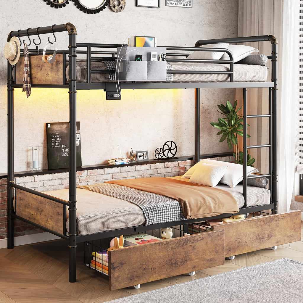 Metal LED Bunk Bed Twin Over Twin with 2 Storage Drawers O8181