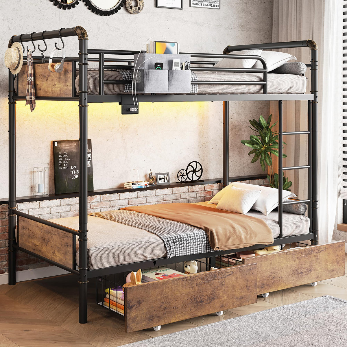 Metal LED Bunk Bed Twin Over Twin with 2 Storage Drawers O8181