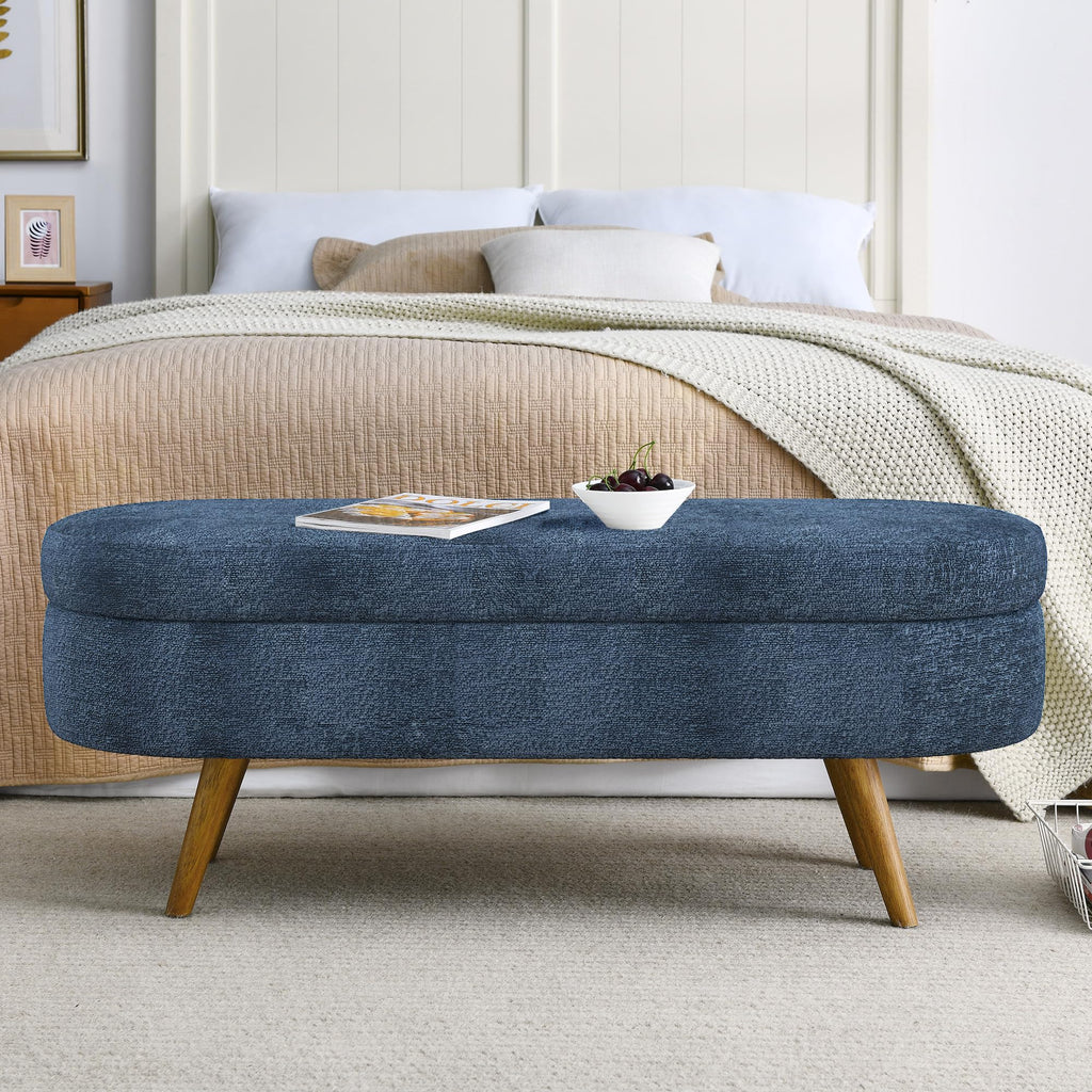Dark Blue Upholstered Storage Bench with Rubber Wood Legs M98152